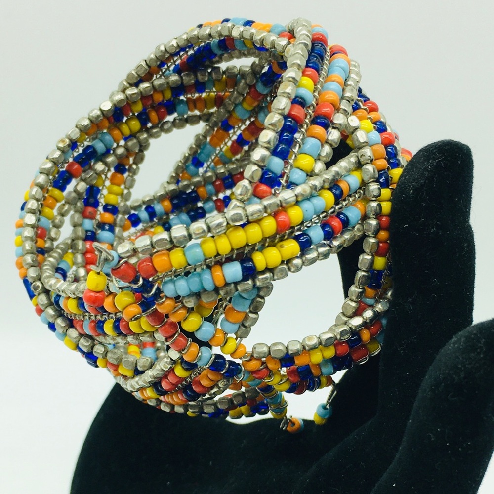 Seed Bead Stretch Wire Thick Cuff Statement Brace… - image 2